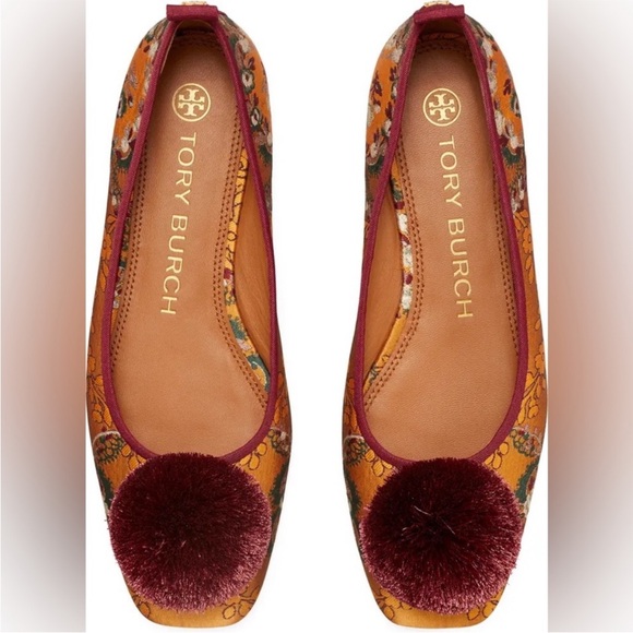 Tory Burch Satin Floral Flats with Burgundy and Gold with Pom - Picture 2 of 9